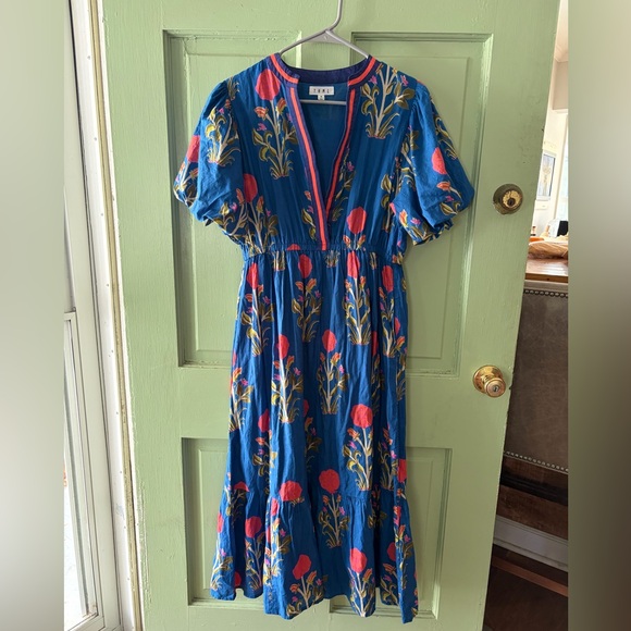 THML Floral dahlia puff sleeve Midi Dress blue green - Picture 4 of 11